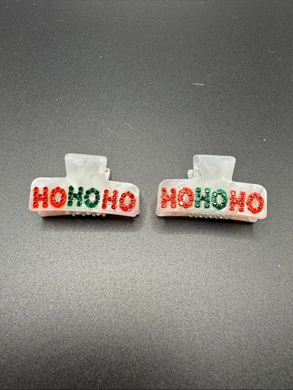 Holiday 'HO HO HO' Resin Hair Clips - Red & Green Rhinestones set of 2
